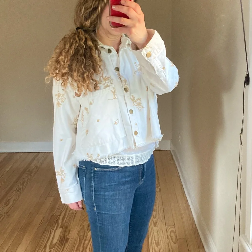 NEW Zara denim‎ jacket jean shirt white metallic floral embroidery extra small